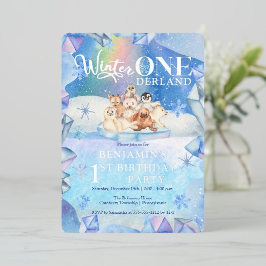 冬ONEderland北極動物第1誕生日パーティー 箔招待状 (立ち正面)