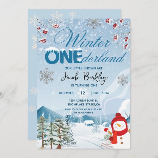 冬ONEderland男女兼用の最初の誕生日 招待状 (正面/裏面)