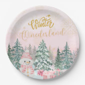 冬ONEderland雪だるまガール1stバースデーピンク ペーパープレート (正面)
