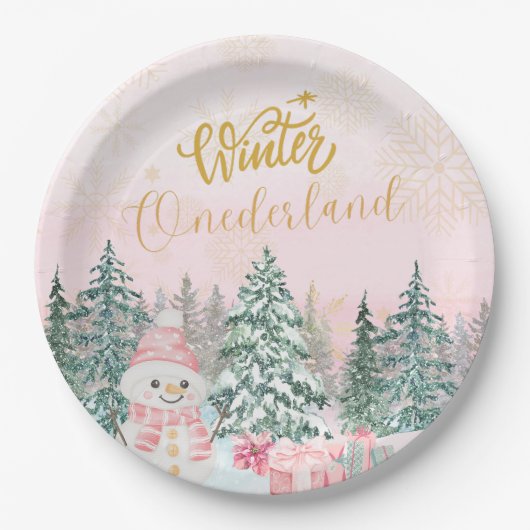 冬ONEderland雪だるまガール1stバースデーピンク ペーパープレート (正面)