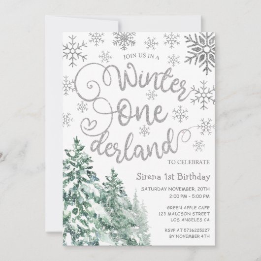 冬ONEderland 1st誕生日の雪の冬の森 招待状 (正面)