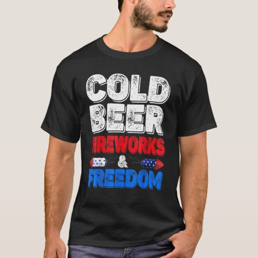 冷たいビール花火と7月Merica Uの自由4 Tシャツ (正面)