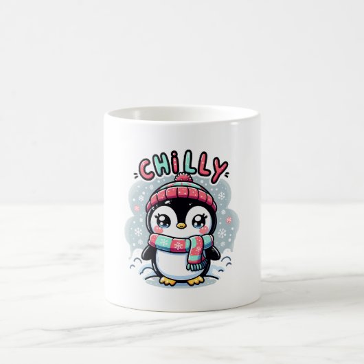冷たいペンギンの雪のマフラー抱擁 コーヒーマグカップ (中央)
