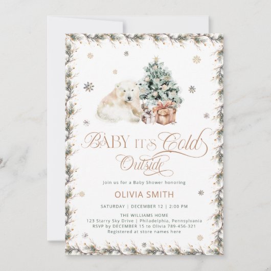 冷たい外かわいいホッキョクグマ赤ちゃんシャワー 招待状 (正面)