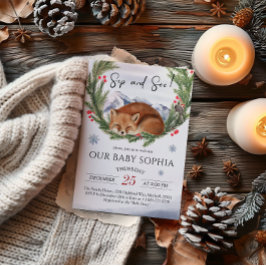 冷たい外のウッドランドキツネ冬のsipと見る 招待状