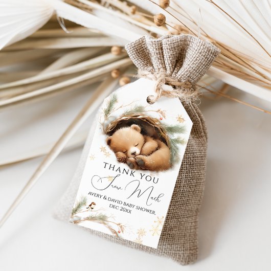 冷たい外のウッドランドベア冬の赤ちゃんシャワー ギフトタグ