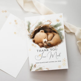 冷たい外のウッドランドベア冬の赤ちゃんシャワー サンキューカード