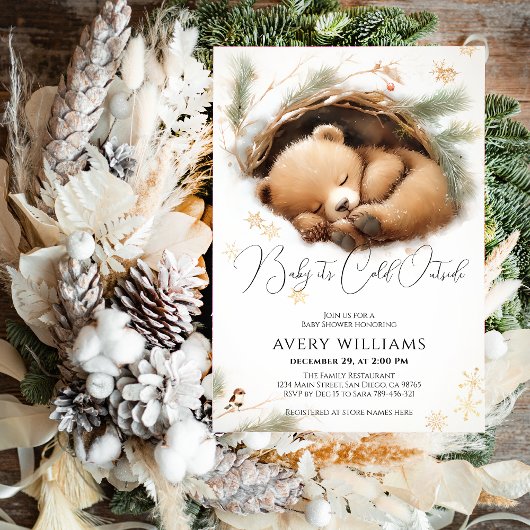 冷たい外のウッドランドベア冬の赤ちゃんシャワー 招待状