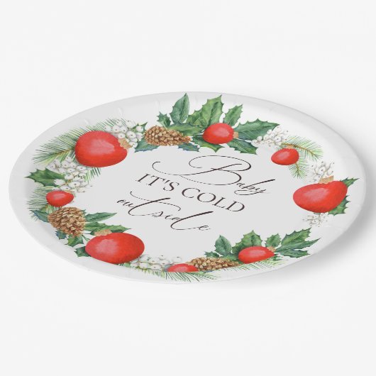冷たい外クリスマスリース冬の赤ちゃんシャワー ペーパープレート (アングル)