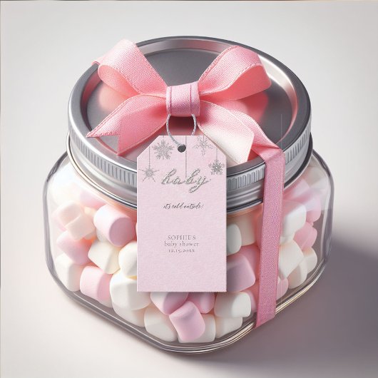 冷たい外グリッタースノーフレークピンク赤ちゃんシャワー ギフトタグ