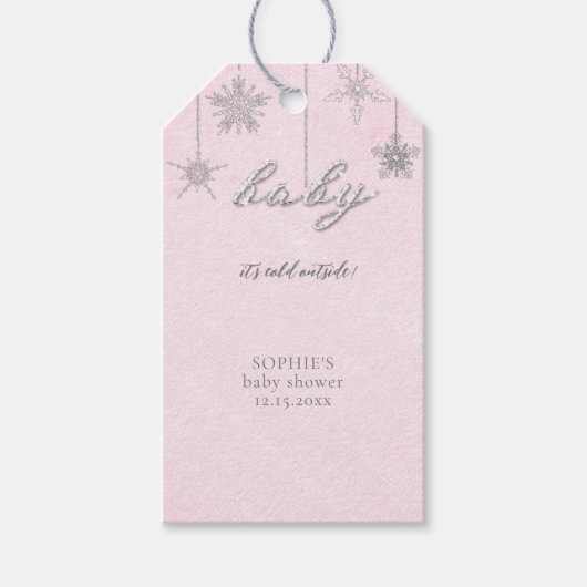 冷たい外グリッタースノーフレークピンク赤ちゃんシャワー ギフトタグ (正面)