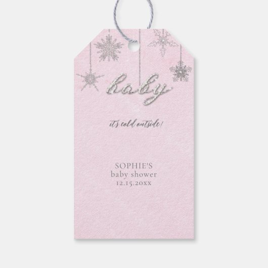 冷たい外グリッタースノーフレークピンク赤ちゃんシャワー ギフトタグ (裏面)