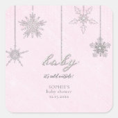 冷たい外グリッタースノーフレークピンク赤ちゃんシャワー スクエアシール (正面)