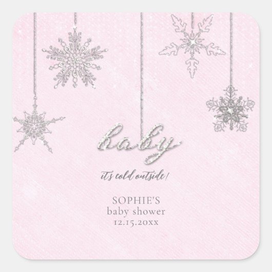 冷たい外グリッタースノーフレークピンク赤ちゃんシャワー スクエアシール (正面)
