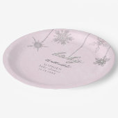 冷たい外グリッタースノーフレークピンク赤ちゃんシャワー ペーパープレート (アングル)