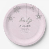 冷たい外グリッタースノーフレークピンク赤ちゃんシャワー ペーパープレート (正面)