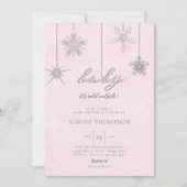冷たい外グリッタースノーフレークピンク赤ちゃんシャワー 招待状 (正面)