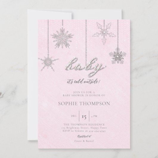 冷たい外グリッタースノーフレークピンク赤ちゃんシャワー 招待状 (正面)