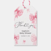 冷たい外ピンクの弓ベビーシャワーありがとう ギフトタグ (正面)