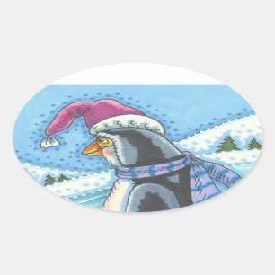冷たい底の暖かいハート、ペンギンのクリスマスシール 楕円形シール
