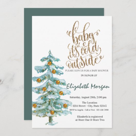 冷たい水色の松の木の赤ちゃんシャワー 招待状 (正面/裏面)