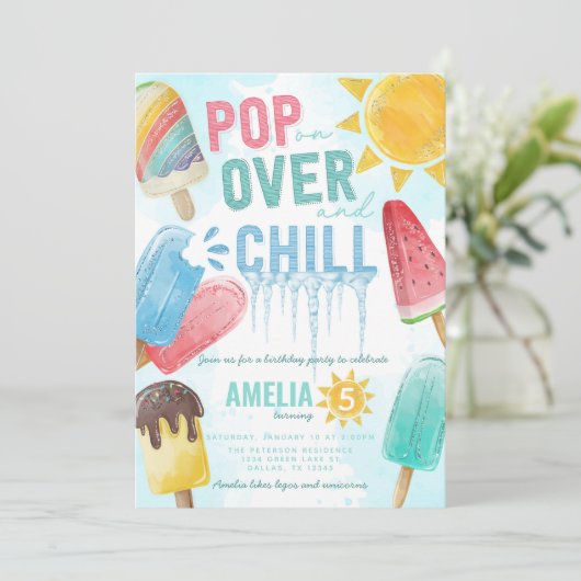 冷たい誕生日パーティポップ・アートのーの上にかわいい夏のポプシクル 招待状 (スタンド正面)