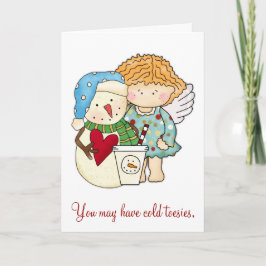 冷たい足 & あたたかいハートの冬の天使と雪だるまのカード シーズンカード