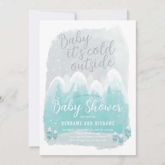 冷たい雪の外の山々青い赤ちゃんシャワー 招待状 (正面)