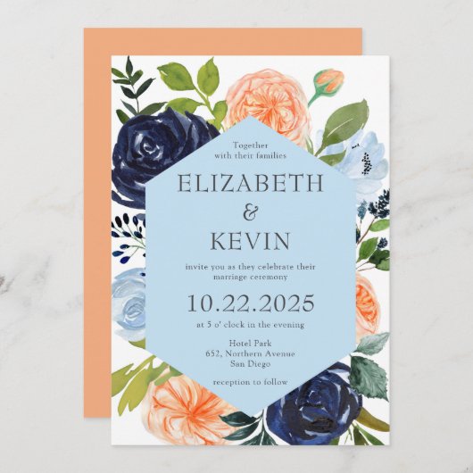 冷たい青と桃の水の色の花結婚ズ  招待状 (正面/裏面)