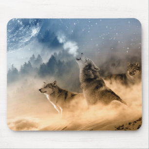冷たく霧深い星明かりの星の秋夜の喚き声をWolfs マウスパッド