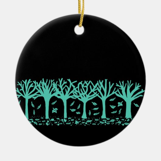 冷ややかな秋の木及び葉のシルエットのオーナメント セラミックオーナメント (正面)