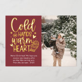 冷モダン手暖かいハートフォトフォイル 箔シーズンカード (正面)