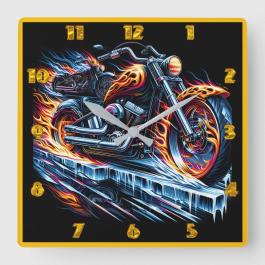 凍った夕暮れの道路でオートバイのレース スクエア壁時計 (正面)