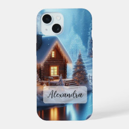 凍った川のクリスマスツリー ランタン 居心地の良いキャビン iPhone 15ケース