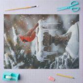 凍った鳥の水浴び場に止まるルビー色のカーディナル鳥のデコパージュ 薄葉紙 (クラフト)