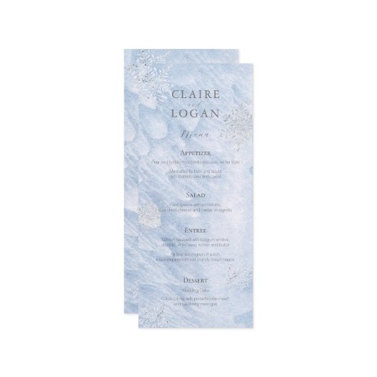 凍てつく冬のシルバー雪の結晶のウェディング メニュー (正面/裏面インサイチュ)