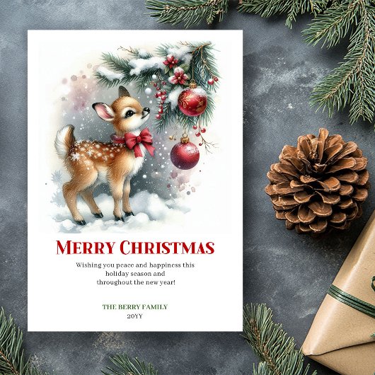 凍てつく冬の朝、赤ちゃん鹿が雪の森で挨 シーズンカード