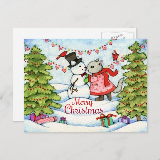 凍結するキス-かわいいクリスマス猫の芸術 シーズンポストカード (正面/裏面)