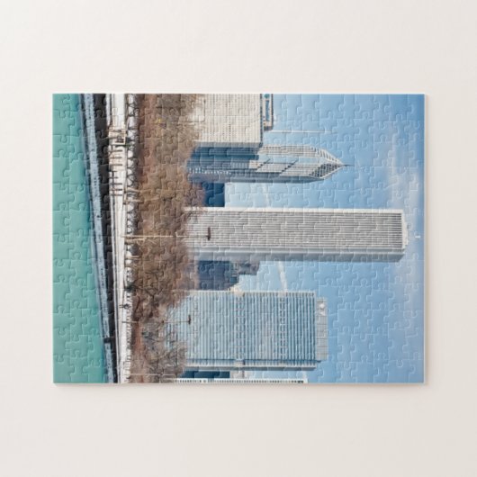 凍結するミシガン湖を渡るシカゴのスカイライン ジグソーパズル (横)