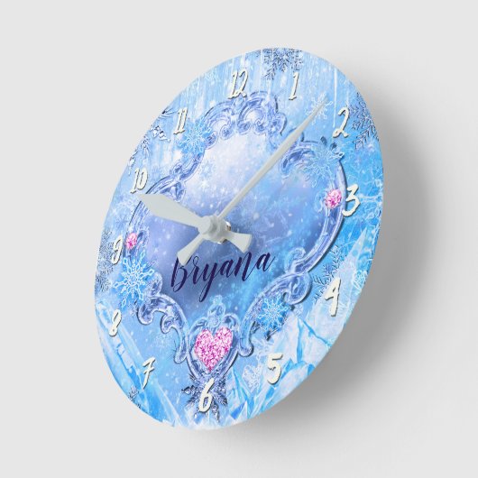 凍結する氷及び雪片の冬の不思議の国の輝き ラウンド壁時計 (傾斜)