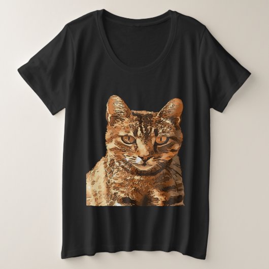 凝視する目の美しいトラ猫 ブラックアウトライン プラスサイズTシャツ (デザイン正面)