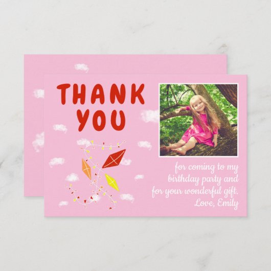 凧 雲 ピンクの女の子の写真 誕生日 サンキューカード (正面/裏面)