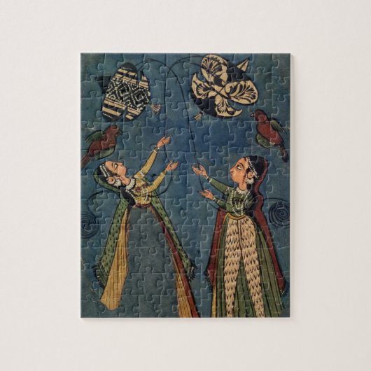 凧、Kuluの民俗絵画、Himachal Pを飛ばしている女の子 ジグソーパズル (縦)