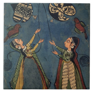 凧、Kuluの民俗絵画、Himachal Pを飛ばしている女の子 タイル