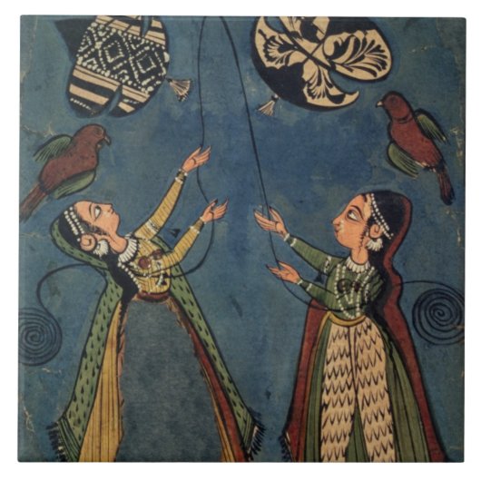 凧、Kuluの民俗絵画、Himachal Pを飛ばしている女の子 タイル (正面)