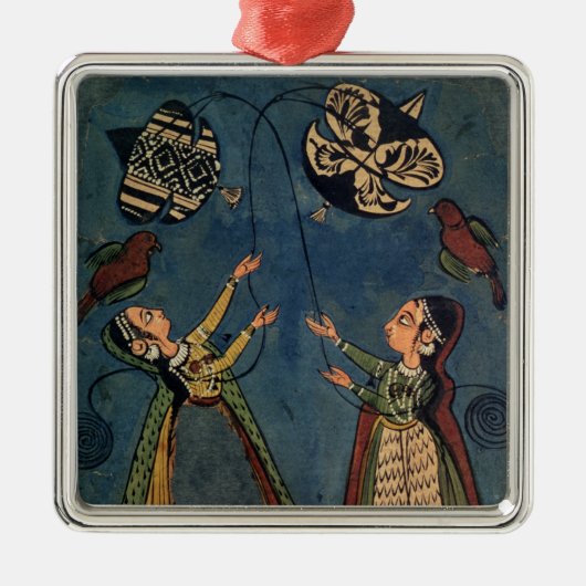 凧、Kuluの民俗絵画、Himachal Pを飛ばしている女の子 メタルオーナメント (正面)