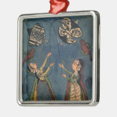 凧、Kuluの民俗絵画、Himachal Pを飛ばしている女の子 メタルオーナメント (左)