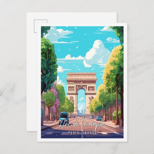 凱旋門アートヴィンテージ旅行イラストレーション ポストカード (正面/裏面)