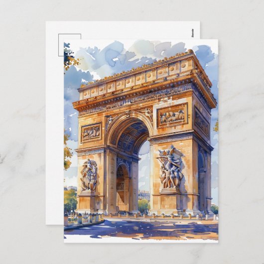 凱旋門ウォーターカラートラベルランドマークフランス シーズンポストカード (正面/裏面)
