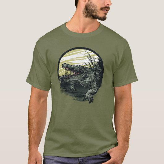 凶暴なワニの沼地イラストアート Tシャツ (正面)
